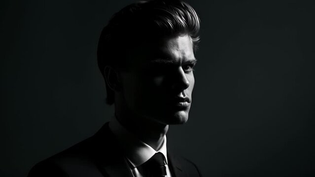 In this captivating portrait a mysterious man stands in the shadows his features only partially revealed by the dim light. His stylish suit and carefully styled hair exude a sense .