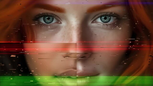 Glitch and noise. Human female faces composition timelapse. Diversity and uniqueness girl concept. Close up on woman faces looking into the camera.