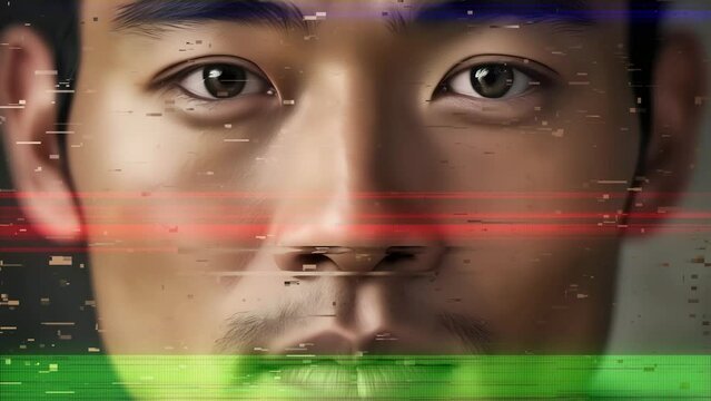 Glitch and noise on human male faces composition timelapse. Diversity and uniqueness concept. Close up on faces looking into the camera.