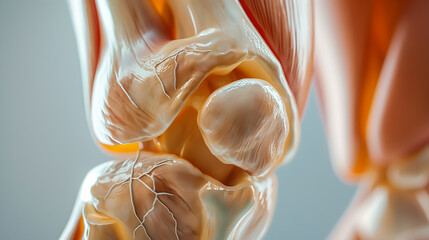 Close up human knee anatomy model. Knee joint model in laboratory, Medical model of the human knee joint, 3D Illustration
