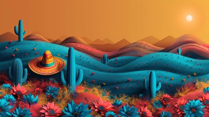 Cinco de mayo mexican fiesta. Sombrero hat, cactus and flowers background - 791811302