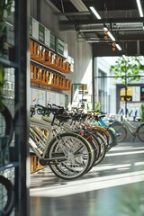 Fototapeta na wymiar Bike storage at office, neat arrangement, clear signage, ambient lighting, high contrast, vivid colors, detailed illustration, cinematic, 3D rendering, hyper realistic, high resolution, high detail, h