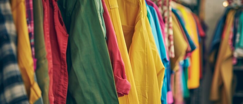 Clothing sketches being selected and pinned to the wall by fashion designers for their new collection. Studio is bright and sunny. Colorful fabrics, garments hanging and sewing items are visible.