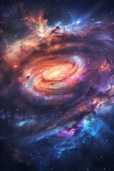 Bring the cosmos closer with a breathtaking worms-eye view of a swirling galaxy, radiating vibrant hues against a dark expanse, digitally crafted with photorealistic precision and celestial details - obrazy, fototapety, plakaty