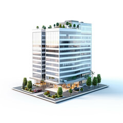 Modern glass office building isolated on white background. City business center