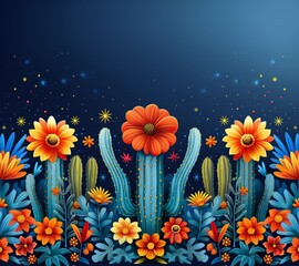 Cinco de mayo mexican fiesta. Sombrero hat, cactus and flowers background - 791811588