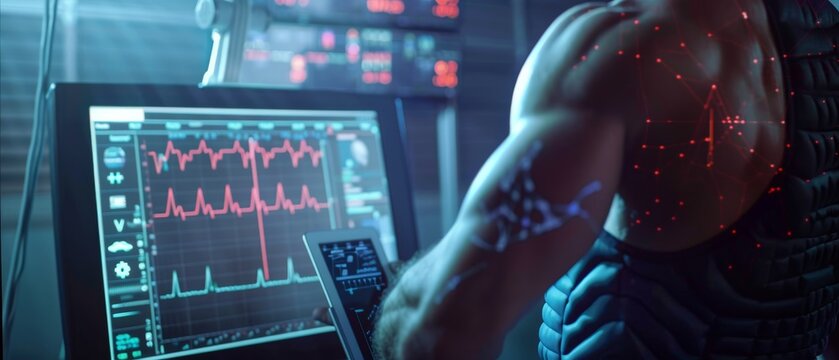 Male athlete runs on treadmill while electrodes are attached to his body. Sport scientist holds tablet and monitors EKG status in the background.
