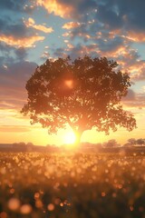 Craft a digital CG 3D scene of a sunrise with a focus on photorealistic elements Showcase the gradual transition of colors in the sky, from a deep indigo to golden yellow, casting a warm glow on the s