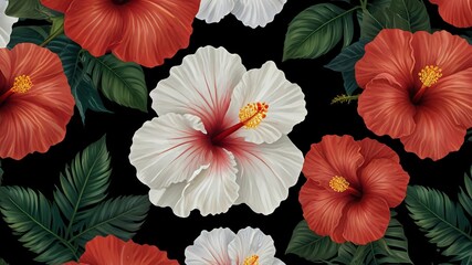 red and white flowers Seamless tropical floral pattern of hibiscus - 791811921