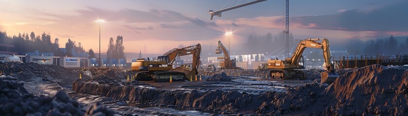 Dynamic construction site, active machinery, dusk lighting, panoramic view, - obrazy, fototapety, plakaty