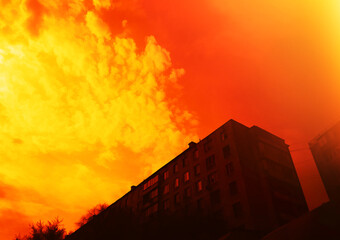 Burning sunset at city shantytown area illustration - 791811927