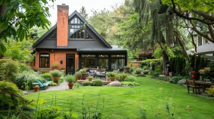 Obraz premium vintage house exterior with beautiful peaceful cute small backyard garden green area. house exterior with beautiful peaceful cute small backyard garden green area.