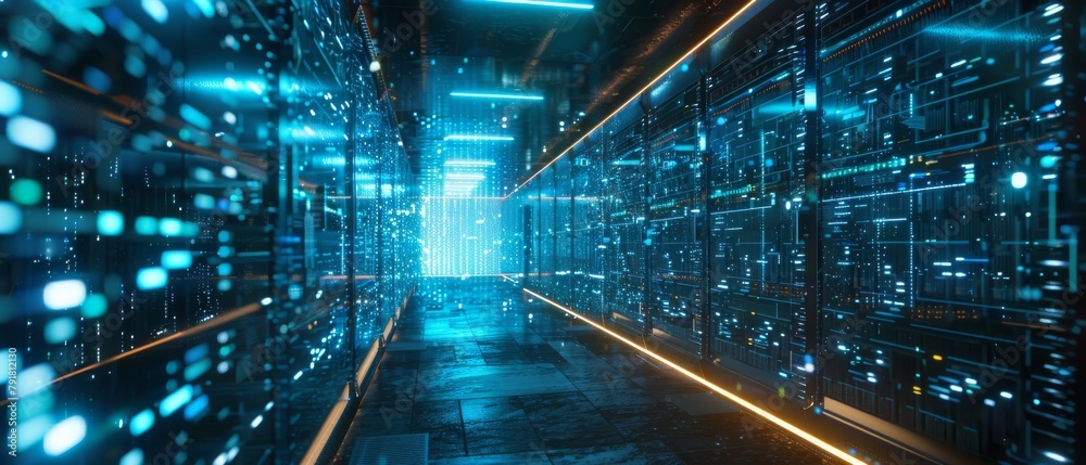 Poster script codes and numbers visualization projection in a working data center corridor with rack server