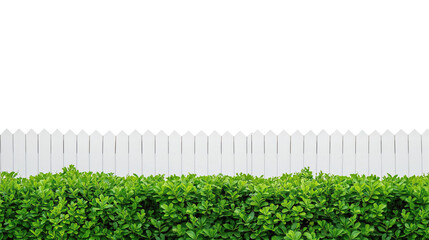 Fototapeta premium White Wooden Fence and Green Shrubbery isolated on Transparent or white Background