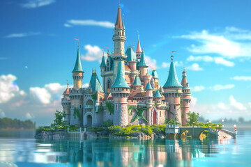 3D fairy tale castle brimming with charm and magic, against a blue background representing tranquility and depth, transporting viewers to a world of make-believe and whimsy, where