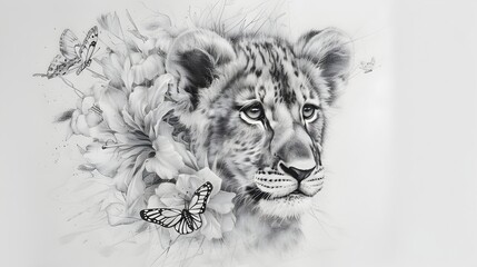 Captivating Feline Elegance A Striking Black and White of a Majestic Big Cat Surrounded by Nature s Beauty
