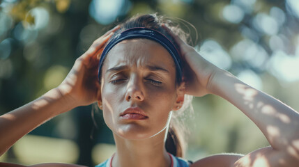 Woman pausing for a break due to a headache while jogging
