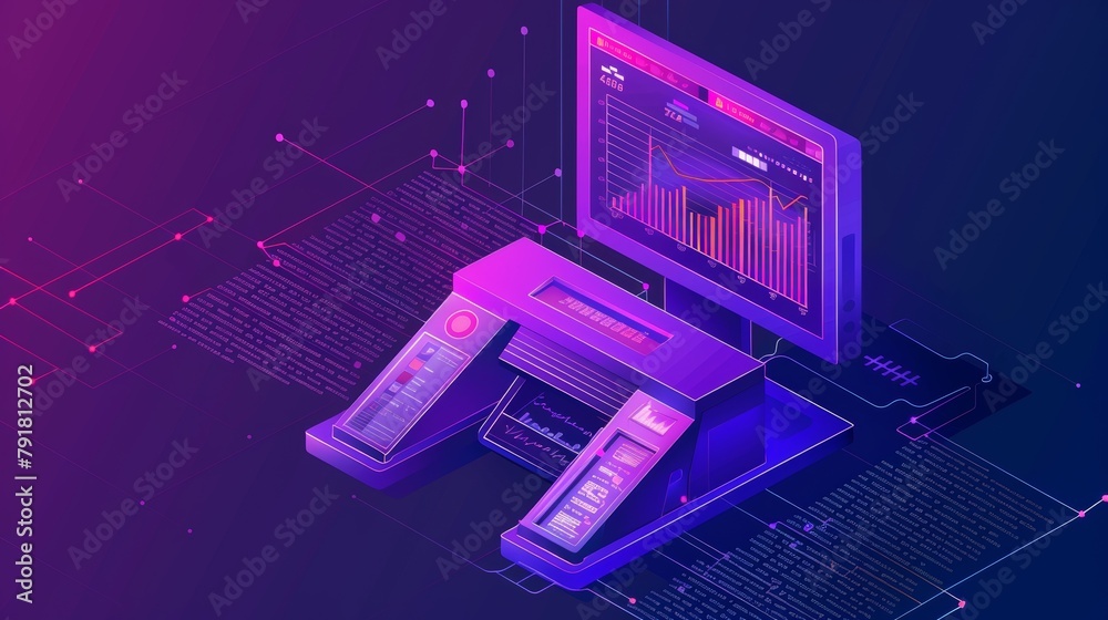 Poster statistical banner with infographic charts. modern landing page with retro computer and printer in i