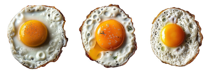Set of Detailed view of a sunny side up egg, showing yolk and crispy edges - obrazy, fototapety, plakaty