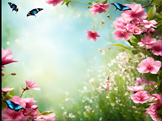 spring background with flowers and butterflies