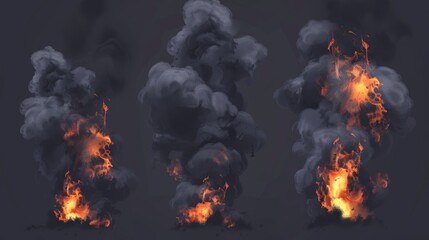 Isolated on gray background, a modern realistic set of black smoke clouds from burning fire.