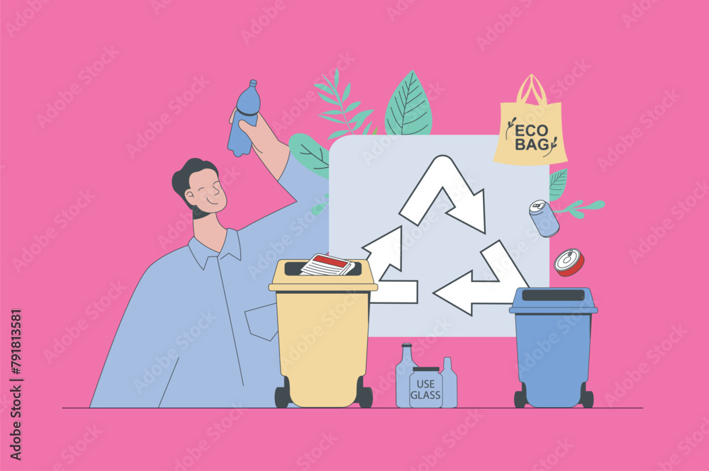 Poster waste management concept in modern flat design for web. man collecting and separating trash, recycle