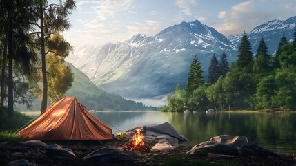 Lake side camping tent, camping site in nature with tents and campfire, mountain landscape on the background