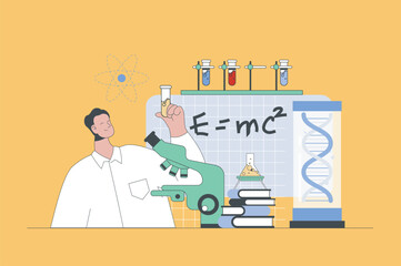 Science laboratory concept in modern flat design for web. Man making lab tests at flask and microscope, making professional expertise. Vector illustration for social media banner, marketing material. - obrazy, fototapety, plakaty