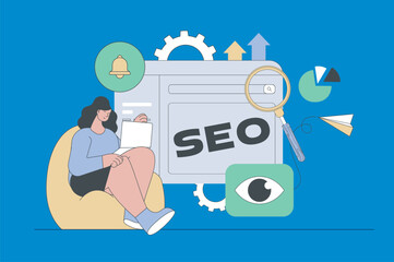 SEO optimization concept in modern flat design for web. Woman making data research, improving traffic and site ranking for internet. Vector illustration for social media banner, marketing material.