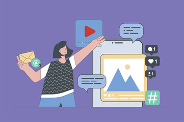 Social media concept in modern flat design for web. Woman posting new photos in personal online profile, connecting with friends. Vector illustration for social media banner, marketing material.