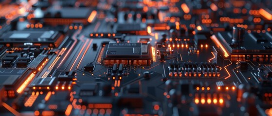 This is a 3D rendering of a futuristic electronic circuit board with microchips and processors. The technology background is shown in the background.