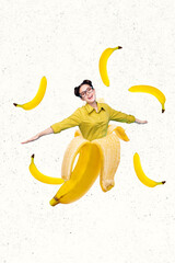 Creative vertical poster young happy carefree woman half body banana peel fruit healthy vitamins...