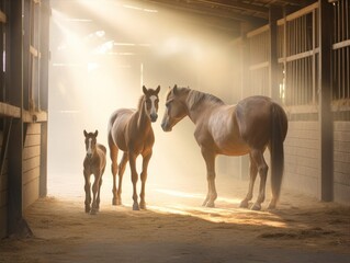 A horse and a foal in a barn, surrounded by darkness and shadows - 791814132