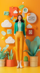 Slim woman in the office. 3d character. Interface icons flying around. Vertical layout. Orange background