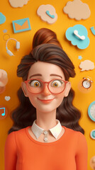 Portrait of young woman with black hair in the office. 3d character. Interface icons flying around. Vertical layout.