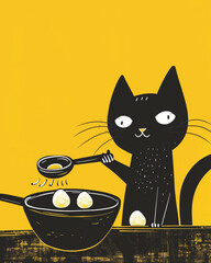 Black kitten cooking eggs. 2d flat doodle illustration. Minimalist