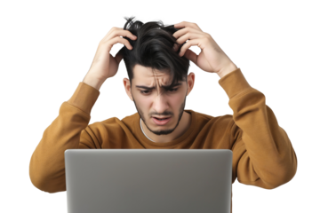 young man sits in front of a laptop with her hand on her head in a gesture of frustration isolated on a transparent background