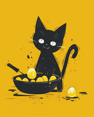 2d kitten frying eggs. Flat doodle. Learning to cook. Vertical illustration. Black and yellow