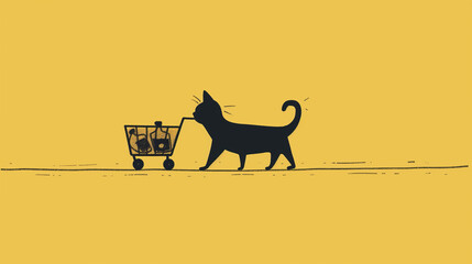 2d cat pushing a shopping cart. Doodle illustration. Black and yellow