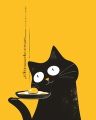2d cat tasting fried eggs. Flat doodle. Sunny side up. Vertical illustration. Black and yellow