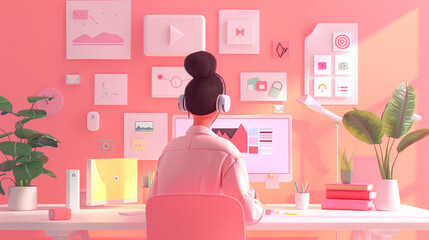 Woman in headphones working at her desk in the office. 3d character. Horizontal layout.