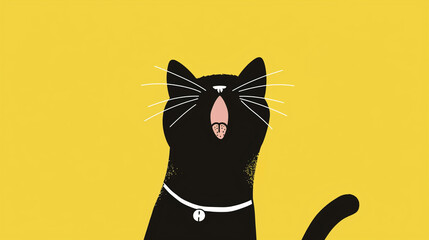 Yawning or singing 2d cat illustration. Black and yellow, horizontal layout