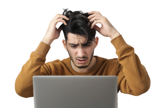 young man sits in front of a laptop with her hand on her head in a gesture of frustration isolated on a transparent background