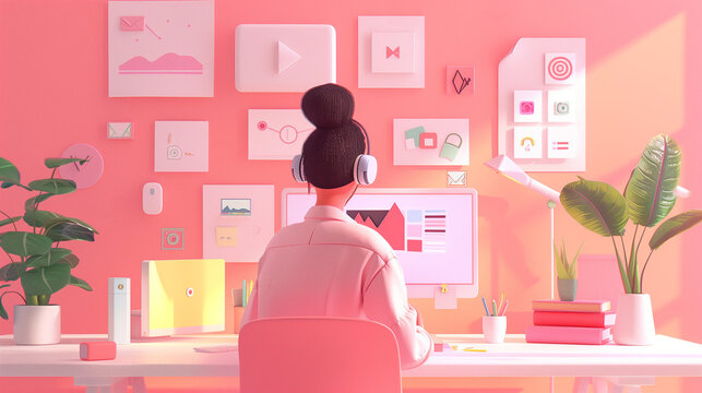 Woman in headphones working at her desk in the office. 3d character. Horizontal layout.