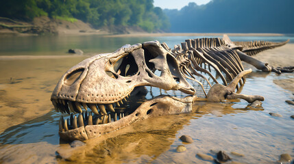 Fototapeta premium Dinosaur skeletons in the river after extinction. Dinosaur Fossil (Tyrannosaurus Rex)