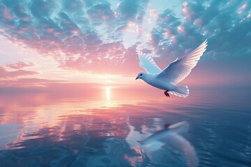 Sky funeral ambiance, twilight hues, a white dove flying over tranquil waters, reflective mood with text space - obrazy, fototapety, plakaty