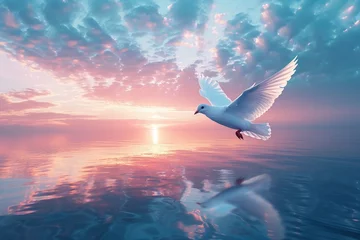 Fotobehang Sky funeral ambiance, twilight hues, a white dove flying over tranquil waters, reflective mood with text space © Samita