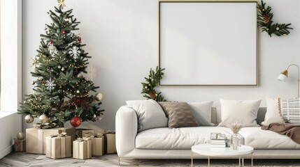 Living room wall Frame poster mockup. Interior mockup with house background. Modern interior design with Christmas tree decoration