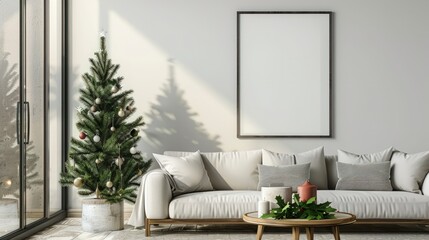 Living room wall Frame poster mockup. Interior mockup with house background. Modern interior design with Christmas tree decoration