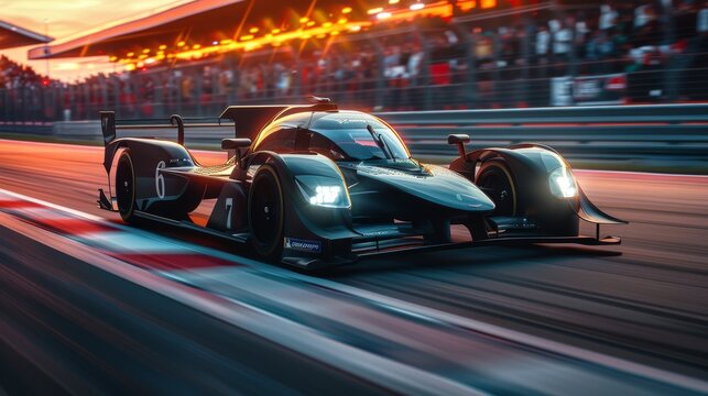 A Green Race Car Is Speeding Down A Track At Sunset. The Car Is Blurred, And The Background Is In Focus.